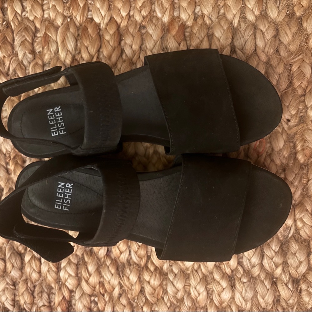 ☀️ 🖤 EILEEN FISHER 🤍 Black Nubuck Leather AnkleStrap Slingback Wedges sz 5.5